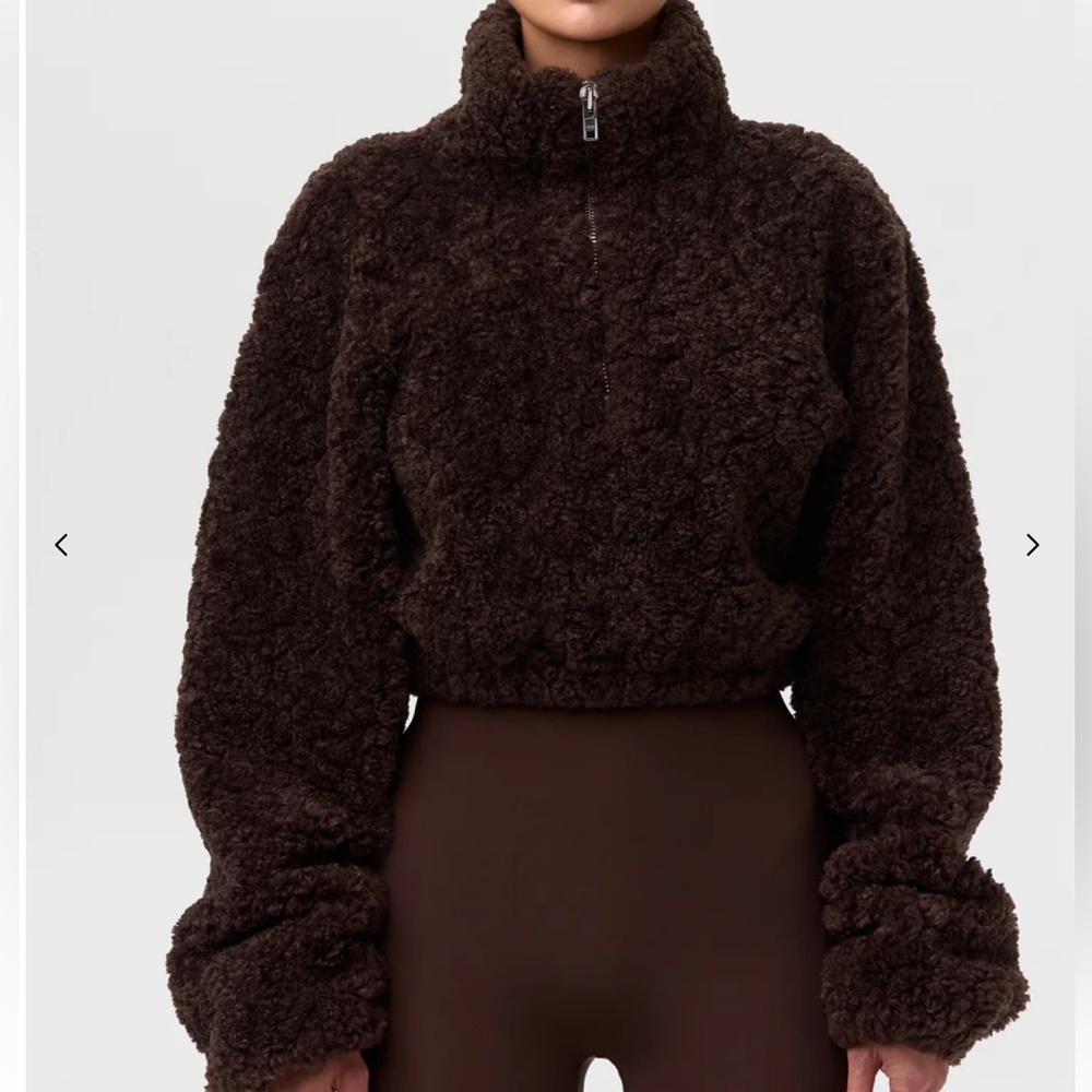 Naked Wardrobe Sherpa Quarter Zip Cropped Sweater Chocolate Brown